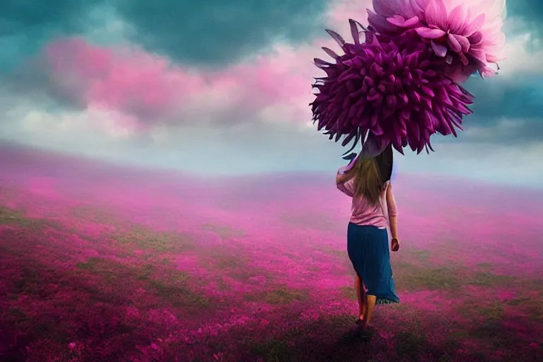 Image similar to giant dahlia flower on head, girl walking on mountain, surreal photography, pink storm clouds, dramatic light, impressionist painting, digital painting, artstation, simon stalenhag