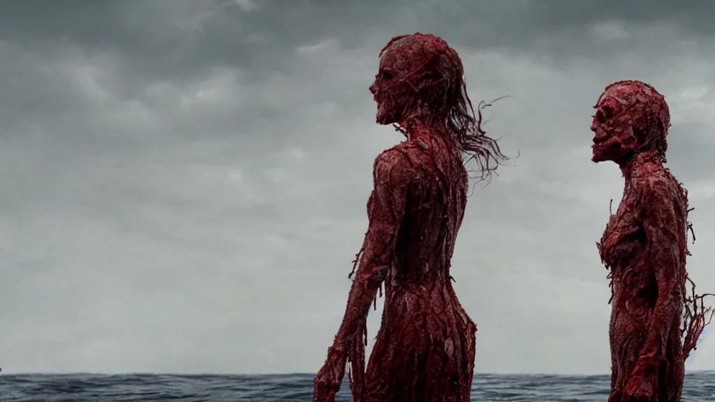 Prompt: close up photo of Helen McCrory and Annabelle Wallis coming out of the ocean, extreme detailed face, a blood portal on the background, film still from the movie directed by Denis Villeneuve with art direction by Zdzisław Beksiński, wide lens