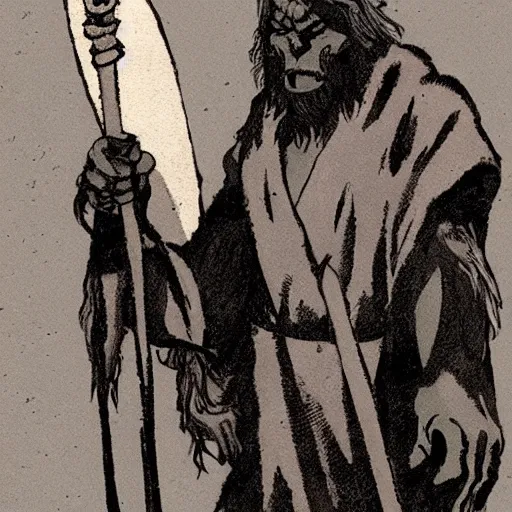 Prompt: A Half-orc Druid holding a wooden staff, wearing a grey fur robe, Mike Mignola