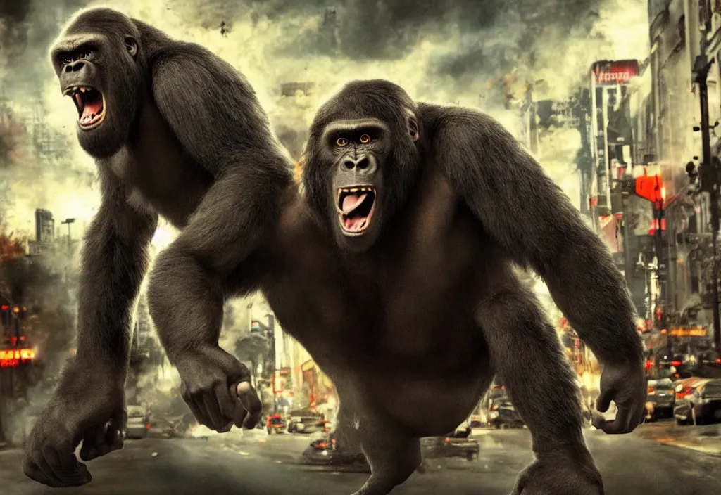 Image similar to An king Kong rage on street, Hollywood scene , cinematic , 2012, end of the world movie , full color