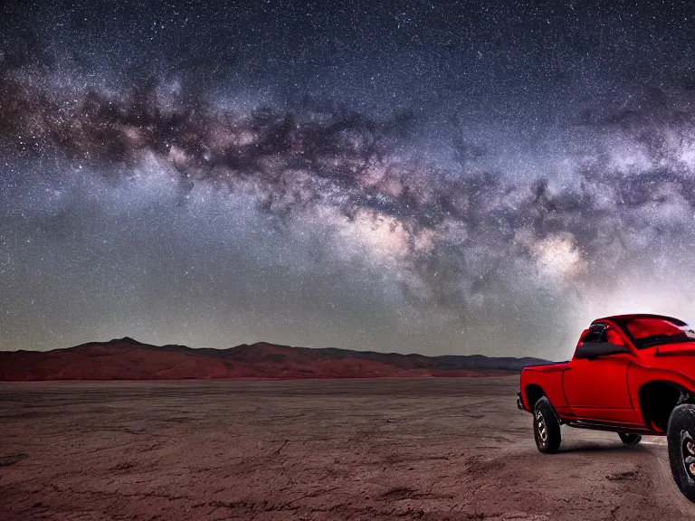 Image similar to dodge ram red power wagon overlanding on dry lake night, long exposure, milky way, award winning, cinematic