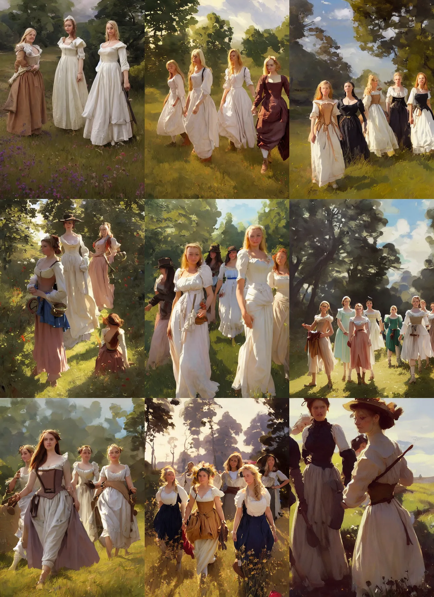 Prompt: group of finnish norwegian swedish scandinavian attractive glamour models as village maidens wearing 1 7 th century bodice with low neckline walking in the field in a sunny day, jodhpurs greg manchess painting by sargent and leyendecker, studio ghibli fantasy medium shot asymmetrical intricate elegant matte painting illustration hearthstone, by greg rutkowski by greg tocchini by james gilleard