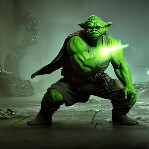 Image similar to yoda as the hulk the hulk in gears of war, splash art, movie still, cinematic lighting, dramatic, octane render, long lens, shallow depth of field, bokeh, anamorphic lens flare, 8 k, hyper detailed, 3 5 mm film grain