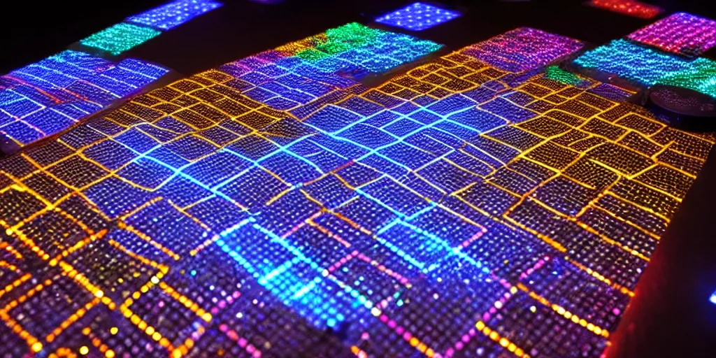 Prompt: 9-track machines made of digital grids and glowing stones with embedded LEDs. amber glowing screens.