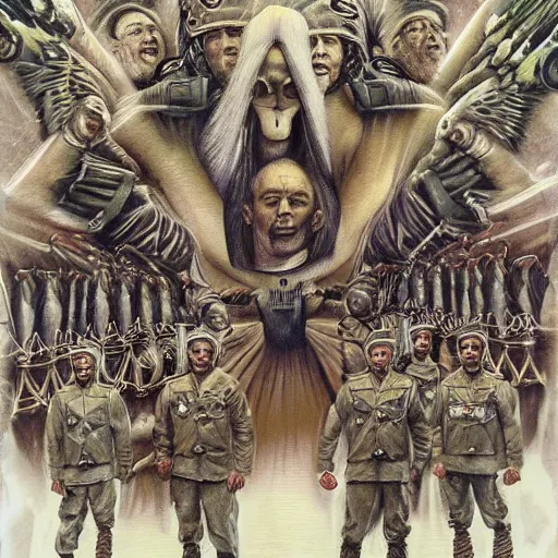 Image similar to wagner russian military force exorcism group photo - realistic, color image, hyper realistic, 2 k, highly detailed, occult art, by giger, fractal structure