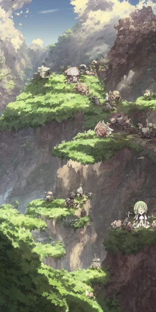 Prompt: landscape with mounts made in abyss style