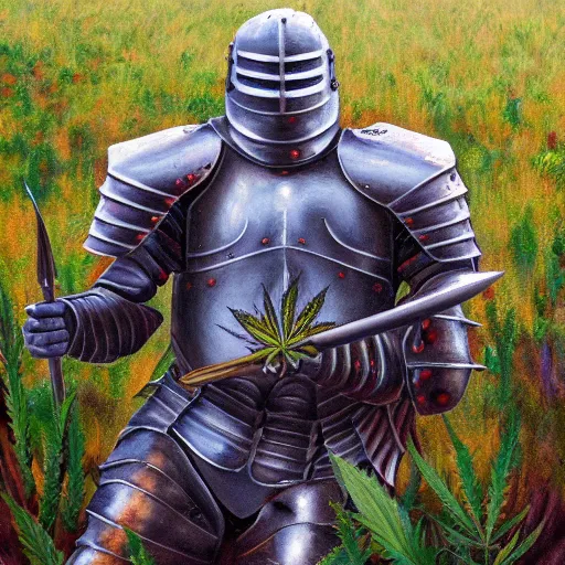 Prompt: a highly detailey oil painting of a full armored knight in a cannabis field. brush strokes. 4 k. colorful. photoshop. trending on artstation