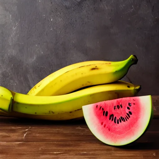 Prompt: a banana sitting in a bowl with the skin of a watermelon