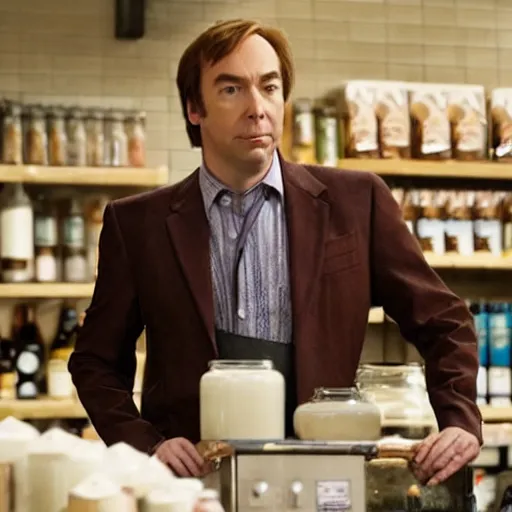 Image similar to jimmy mcgill aka saul goodman attempting to sell you milk