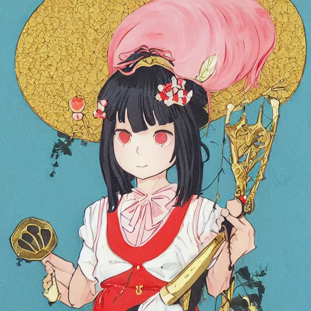 Prompt: the lone maid in the strawberry cream mountains. gouache and gold leaf by the award - winning mangaka