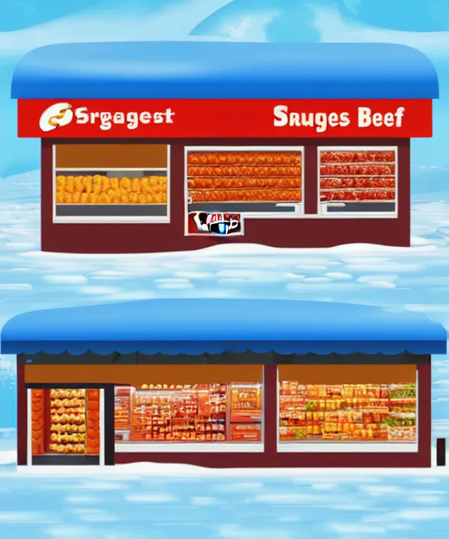 Image similar to digital painting of frozen food shop,like sausage,beef,nugget,etc,with interesting look,picture for website ads,details,photorealistic and make people hungry!,