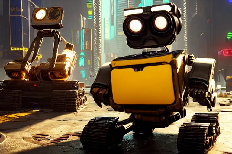 Image similar to wall - e in cyberpunk 2 0 7 7, heavy detailed, ultra high definition quality, super mario 6 4 game engine graphics