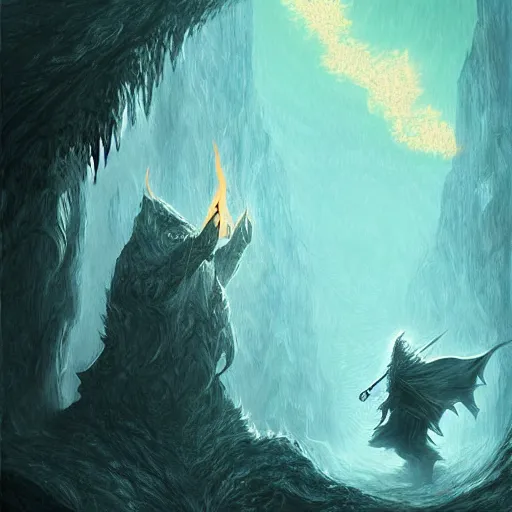 Image similar to Digital art by Anato Finnstark. Gandalf stands on a narrow bridge in the dwarven mines. A Balrog a creature of flame and shadow roars at him.