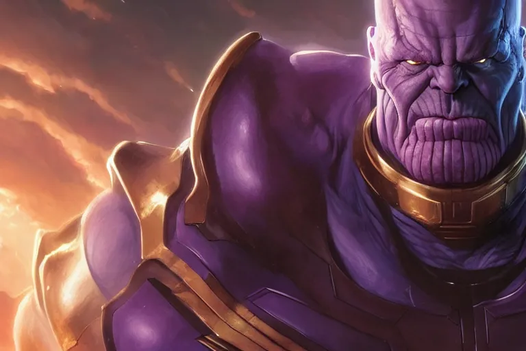 Image similar to Thanos smirking while clenching his fist, trending on Artstation, highly detailed, HD wallpaper, 4k, photorealistic, digital art, art by artgerm and Greg Rutkowski and Alphonse Mucha