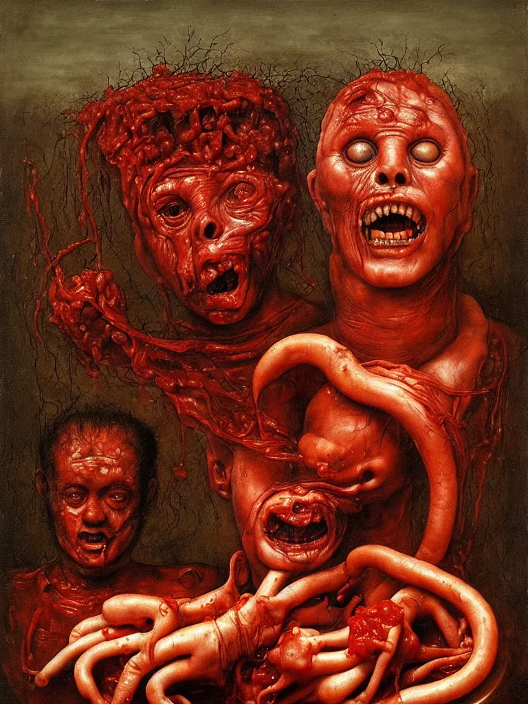 Image similar to a boy like eraserhead and elephant man sitting in a tub full of tomato sauce, looking straight into camera, screaming in desperation, baptist ritual, by giuseppe arcimboldo and ambrosius benson, renaissance, fruit, intricate and intense oil paint, a touch of beksinski and hr giger and edward munch, realistic