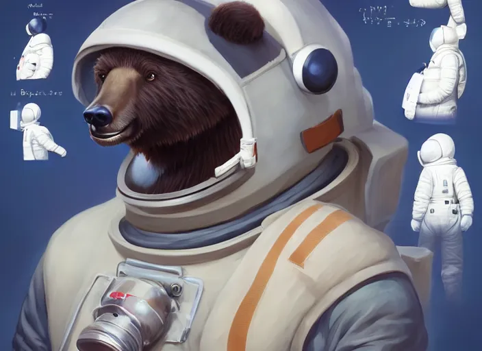 Image similar to character portrait feature of the anthro male anthropomorphic kamchatka brown bear fursona wearing cosmonaut outfit uniform professional pilot astronaut cosmonaut spirited disciplined character design stylized by charlie bowater, ross tran, artgerm, and makoto shinkai, detailed, soft lighting, rendered in octane