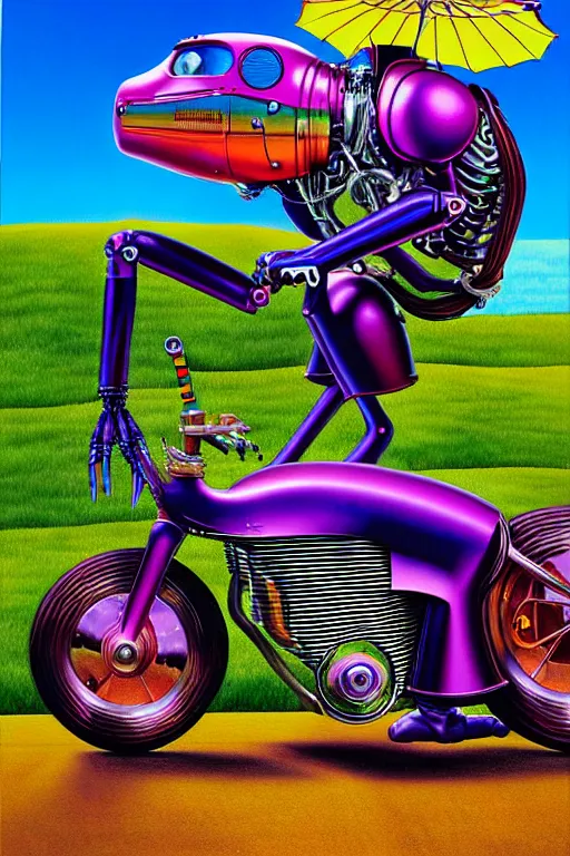 Image similar to a hyperrealistic painting of a mechanical motorcycle creature in a suburban neighborhood on a sunny day, by chris cunningham and richard corben, lisa frank, highly detailed, vivid color,