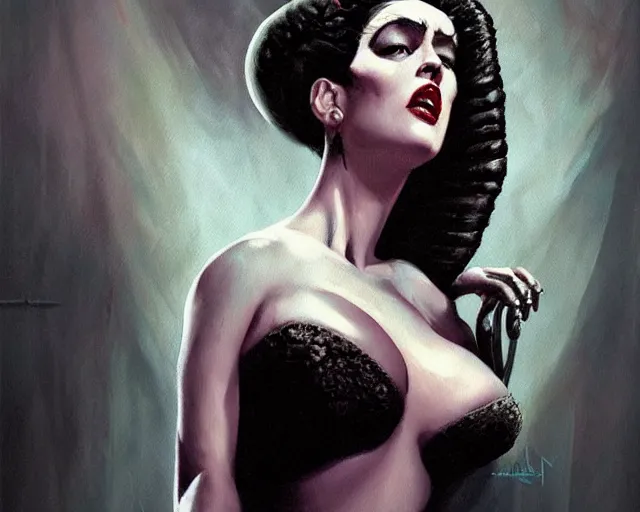 Prompt: beautiful pin up painting of monica bellucci as the bride of frankenstein, sexy, realistic, shallow focus background, detailed, 8 k, artstation, dramatic lighting