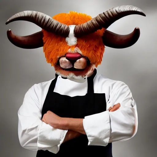 Image similar to a ram dressed up as gordon ramsay, realistic.