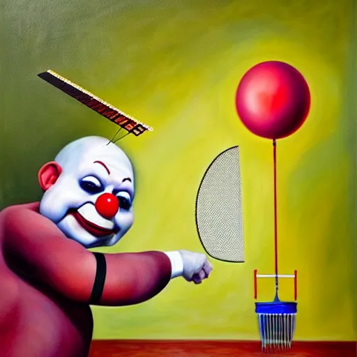 Image similar to hyperrealism painting from the housefly perspective getting swatted at from an angry and sick clown man with a fly swatter in the kitchen