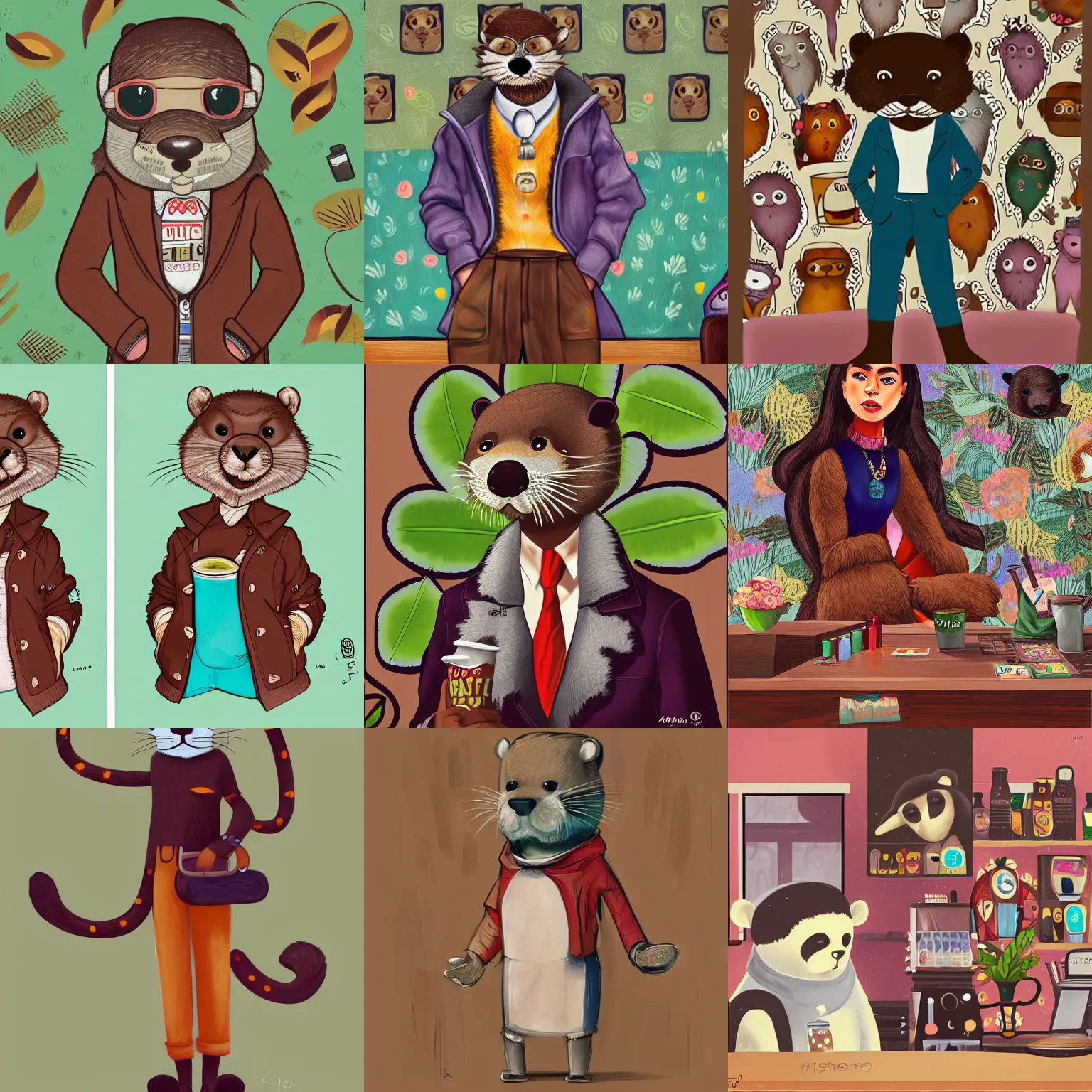 Prompt: anthropomorphic furry otter wearing cool clothes in a coffee shop, trending on art station, furaffinity, frida kahlo, painting