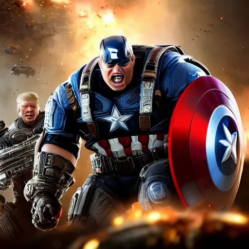 Image similar to Portrait! of President Donald Trump as ((captain america)) in Gears of War, patriotic, splash art, movie still, cinematic lighting, dramatic, octane render, long lens, shallow depth of field, bokeh, anamorphic lens flare, 8k, hyper detailed, 35mm film grain