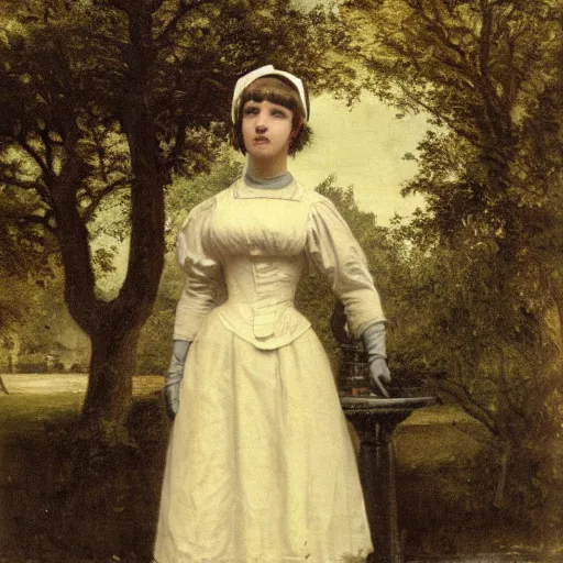 Prompt: a full body portrait of a young woman in maid uniform standing in front of a fountain in a park, very detailed, by William-Adolphe