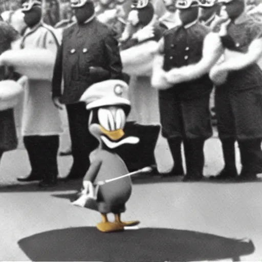 Image similar to historic colorized photograph of donald duck at a nazi parade in 1 9 3 6