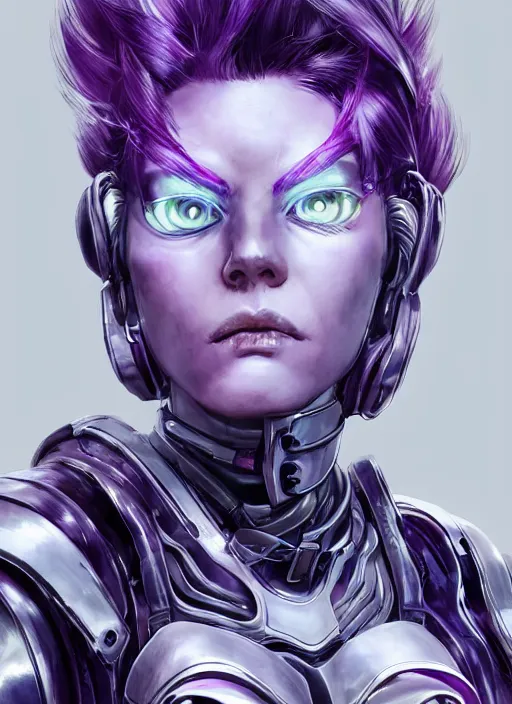 Image similar to close up portrait of a pale woman in sci - fi power armor with purple hair, powerful, domineering, stoic, masterful, intense, ultrafine hyperdetailed illustration by kim jung gi, irakli nadar, intricate linework, sharp focus, octopath traveler, yoji shinkawa, highly rendered, detailed, concept art