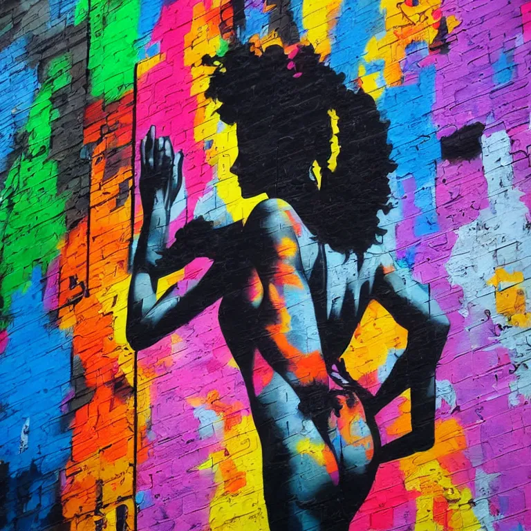 Prompt: Street-art painting of a silhouette of a beautiful woman on the edge of the building in style of Eduardo Kobra, photorealism