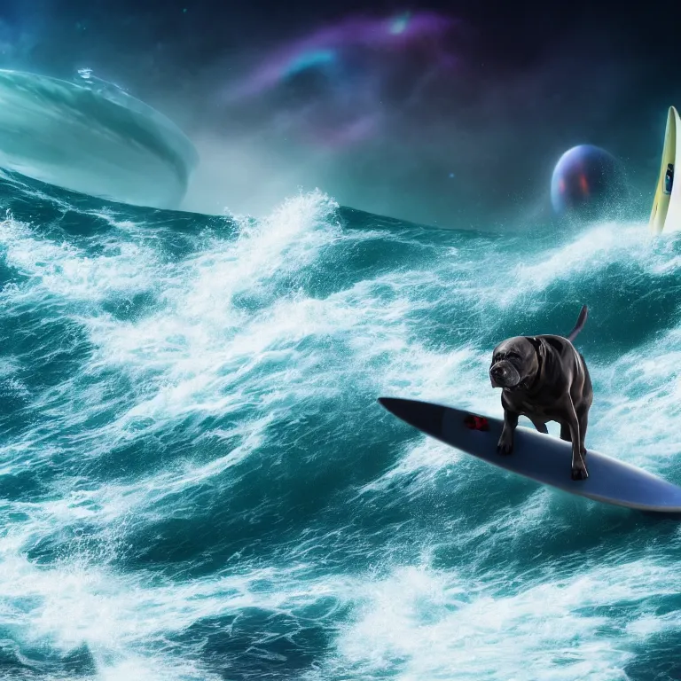 Image similar to photo of a dark coat pit bull with a white paws, surfing on a surfboard in a crashing wave of alien ocean in space, background is an alien galaxy, matte, aliens in the background, alien colors, octane render, unreal engine, wide view, 8 k, high detaild