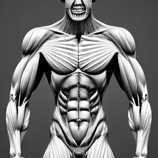 Image similar to monster with gleaming eyes, anatomically accurate model of the full human muscular system, full body, intricate parts, fine details, hyper - realistic