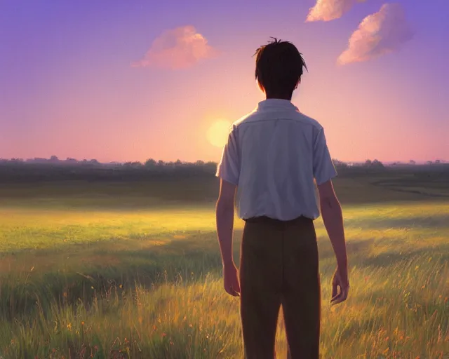 Image similar to a painting of a man standing in a field at sunset, a detailed matte painting by makoto shinkai, cgsociety, neo - primitivism, anamorphic lens flare, matte painting, global illumination