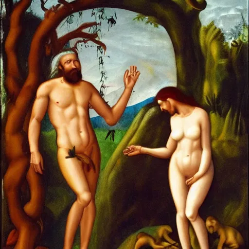 Image similar to God frowning in the Garden of Eden. Eve and Adam look guilty