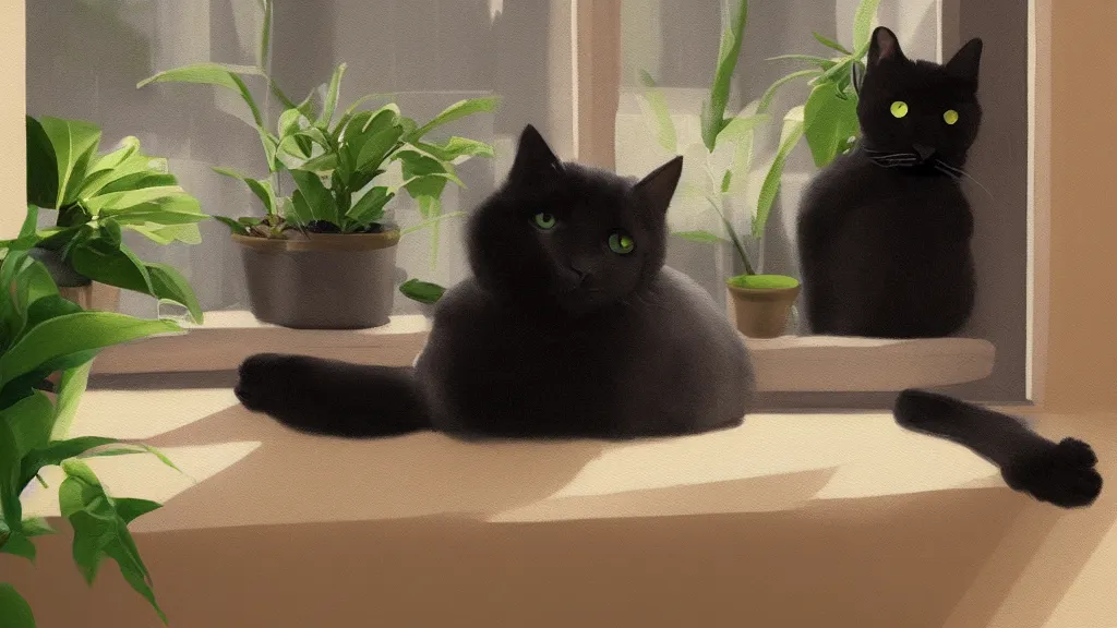 Prompt: peaceful dreamy painting of a black cat sitting by a window and looking outside, a tabby cat outside the window, sunshine coming through the window, small plants on the window sill, 8k, hyper realism, trending on artstation, octane render