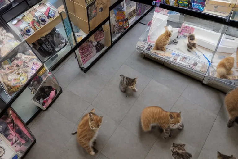 Image similar to overhead view, surveillance, empty store with some kittens sitting on the floor looking directly at the focal point of the camera