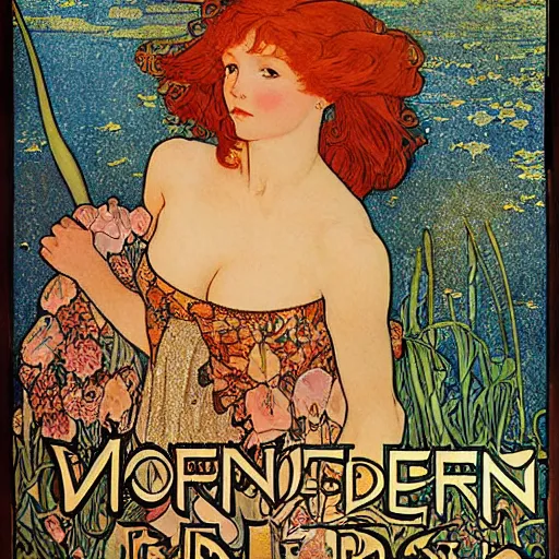 Prompt: redhead poster drawn by Verneuil, mucha, henri gillet, William Morris, John Henry Dearle, klimt