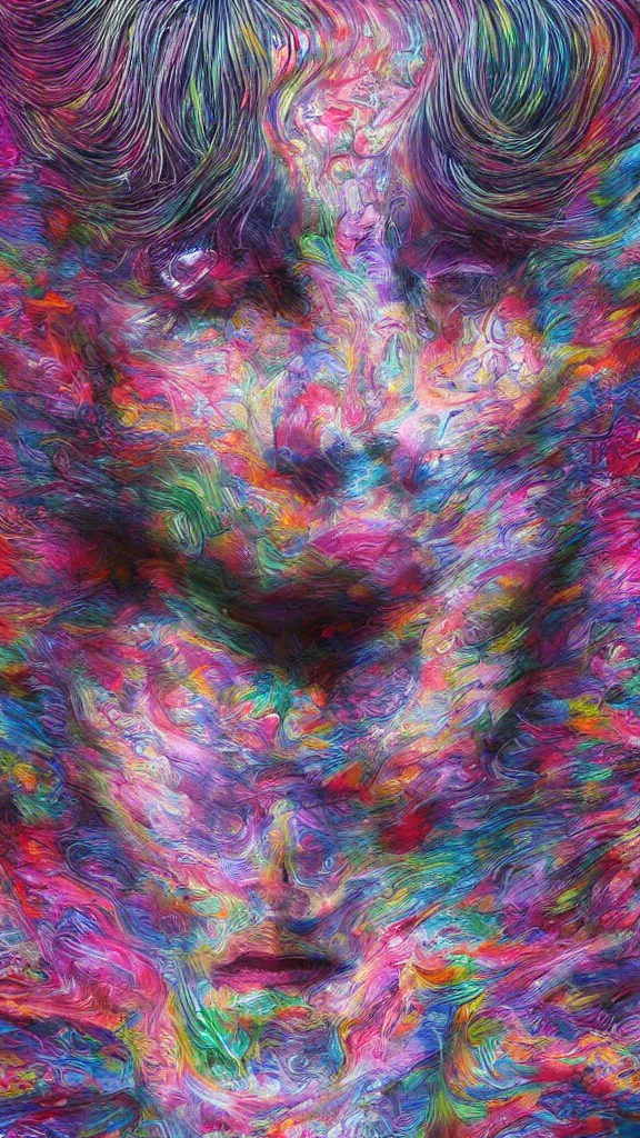 Image similar to hyperrealistic abstract close-up female! portrait Renaissance psychedelic!! celestial happy! pure creature!! peaceful! kind spirit of nature! beautiful fractal!! eyes! highly detailed concept art eric zener elson peter cinematic hard rainbow lighting high angle hd 8k sharp shallow depth of field endless, inspired by Zdzisław Beksiński Salvador Dali