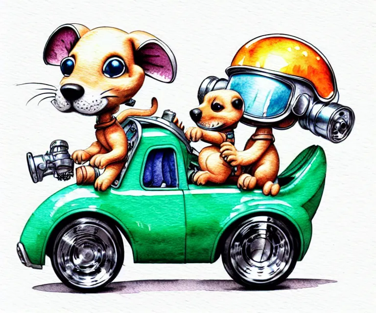 Image similar to cute and funny, puppy wearing a helmet riding in a tiny hot rod with an oversized engine, ratfink style by ed roth, centered award winning watercolor pen illustration, isometric illustration by chihiro iwasaki, edited by range murata, tiny details by artgerm and watercolor girl, symmetrically isometrically centered, sharply focused