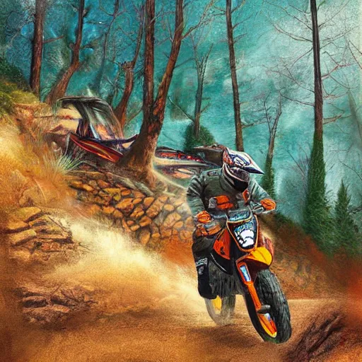 Image similar to detailed surreal digital painting of an off road motorcycle race moment, epic rider crash in the middle of a mountain view from a side, ktm, forest