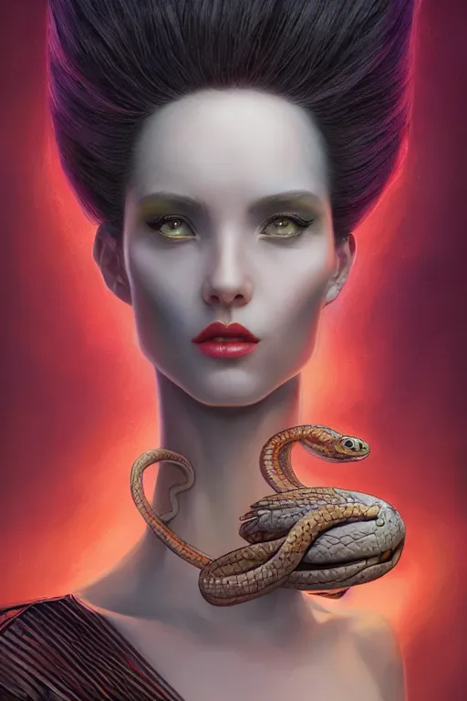 Image similar to portrait of an elegant alien queen with snake hair, straight on portrait, by artgerm, tom bagshaw, gerald brom, vaporwave colors, lo fi colors, vaporwave, lo fi, 2 point studio lighting, dramatic lighting, 4 k, hd,