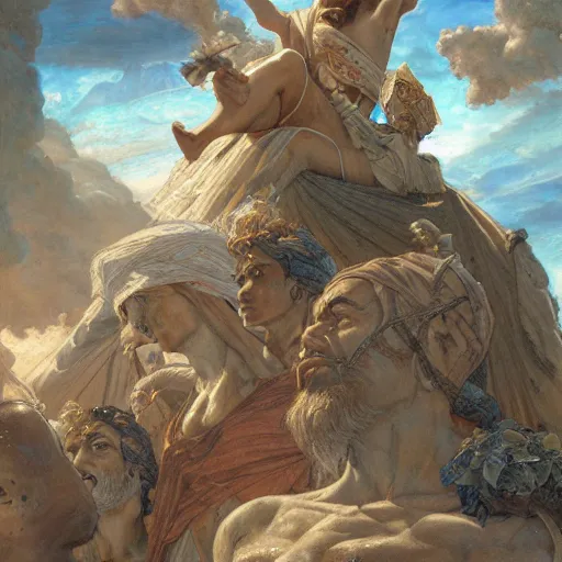 Image similar to disasterpiece Peloponnese war Gods watching above, by Edgar Maxence and Ross Tran and Michael Whelan, intricate line drawings, by Edgar Maxence and Ross Tran and Michael Whelan, 4k resolution