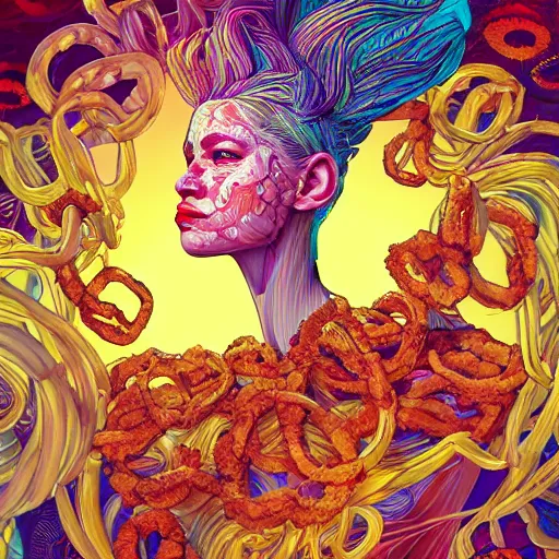 Image similar to the portrait of a ridiculously beautiful and pretty woman partially made of onion rings of all colors looking up, an ultrafine detailed illustration by james jean, final fantasy, intricate linework, bright colors, behance contest winner, vanitas, angular, altermodern, unreal engine 5 highly rendered, global illumination, radiant light, detailed and intricate environment