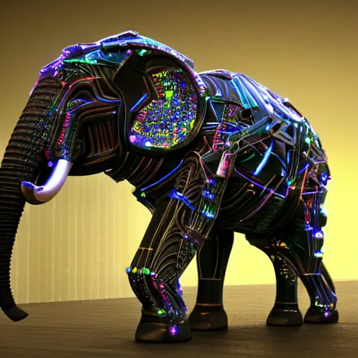 Prompt: hyper realistic cybertronic elephant. high details. complex mechanical body. blue led. cyberpunk style, intricate, trending on art station, 8 k render.