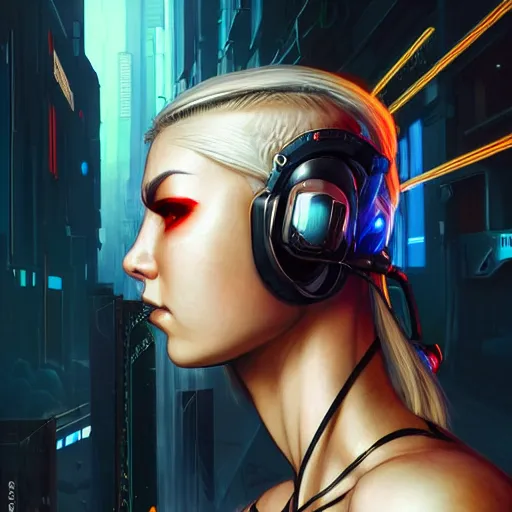 Image similar to Side view of a cyborg demon blond in cyberpunk headset and helmet on the street of a cyberpunk city, sci-fi, fantasy, intricate, very very beautiful, elegant, highly detailed, digital painting, artstation, concept art, smooth, sharp focus, illustration, art by artgerm and greg rutkowski and alphonse mucha