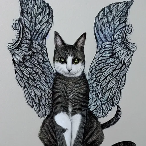 Image similar to 'a cat with two wings by Lin Xiao, highly detailed