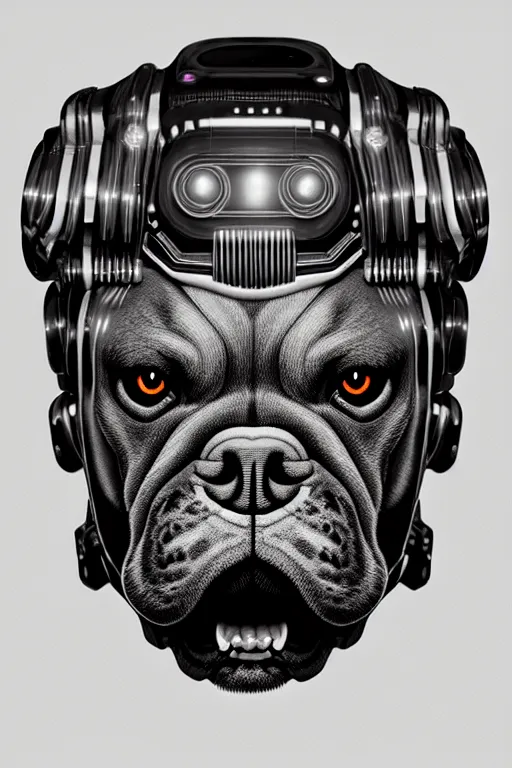 Prompt: a portrait of cyborg bulldog, high - contrast, intricate, elegant, highly detailed, digital painting, artstation, concept art, smooth, illustration