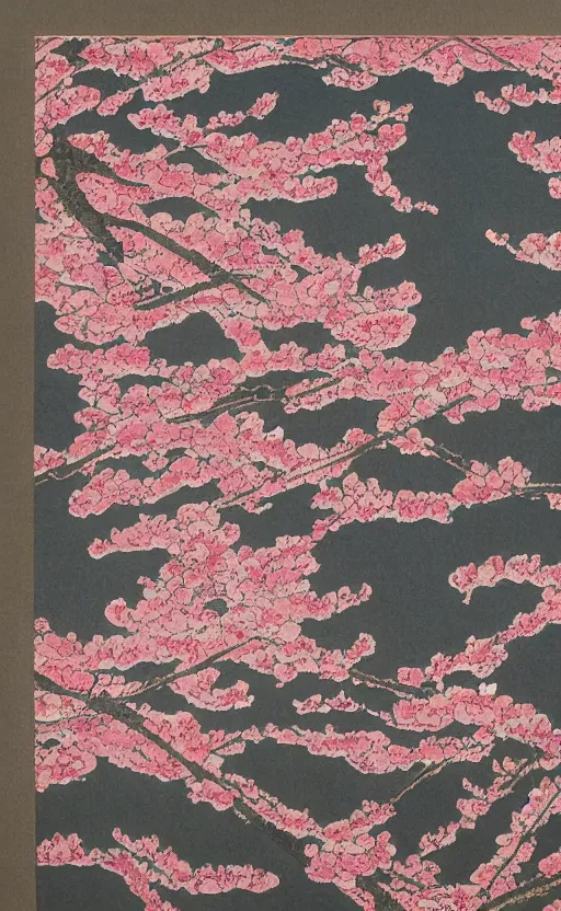 Prompt: by akio watanabe, manga art, the curtain of a japanese theatre painted of cherry blossoms, trading card front, sun in the background