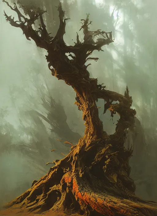 Prompt: giant dead tree, intricate, elegant, highly detailed, vivid colors, john park, frazetta, sparth, ruan jia, jeffrey catherine jones