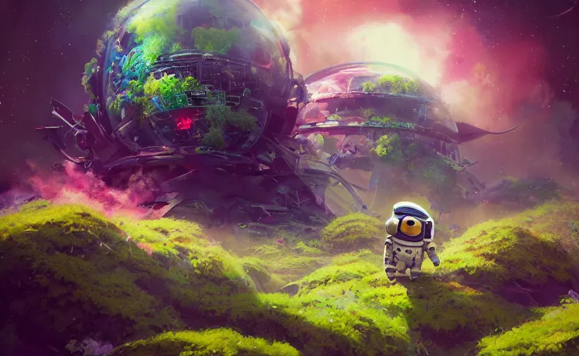 Image similar to a beautiful painting of a cute adorable kawaii futuristic vr plastic android astronaut sitting on a lush planet of foliage, the destroyed wreckage of a crashed spaceship, steam, thick colorful smoke, ross tran, ron walotsky, greg rutkowski, trending on artstation